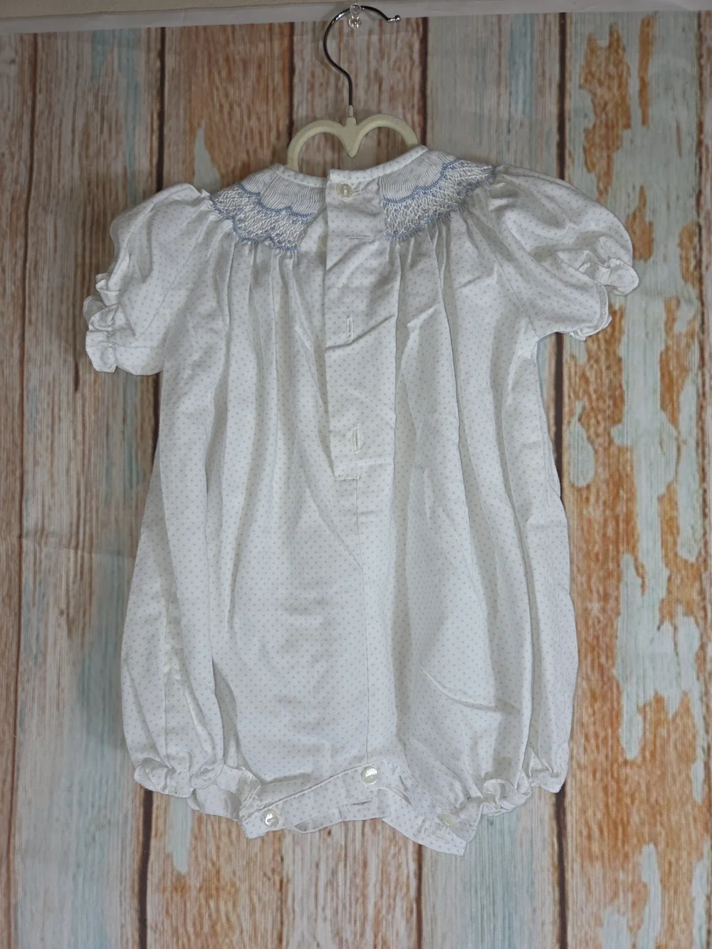 Lvli & Me White Baby Bubble Romper with Blue Smocked Yoke. Size 3m